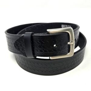 HIRED HAND BLACK LEATHER BELT BASKET WEAVE DESIGN SILVER BUCKLE MEN 38 WESTERN